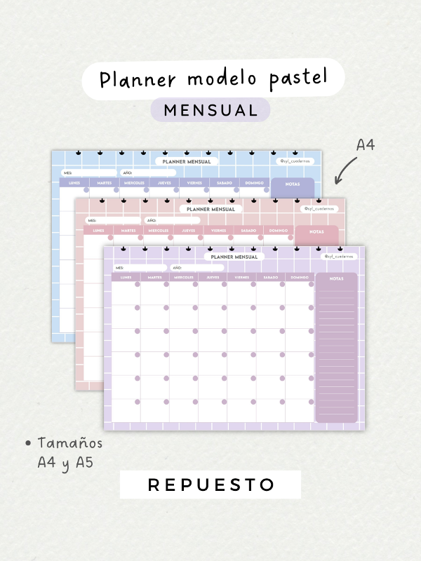 Producto - Planner mensual pastel repuesto