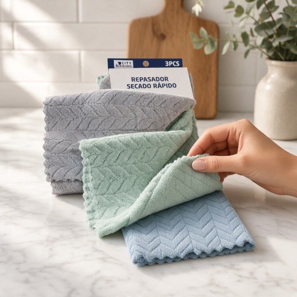 Producto - SET DE 3 REPASADORES PAÑOS DE MICROFIBRA 25X25CM SECADO RAPIDO - 0
