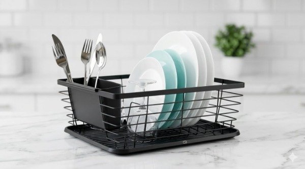 Producto - Secaplatos Escurridor De Mesa Acero Negro Cool Bazar Con Bandeja Y Cubiertero
