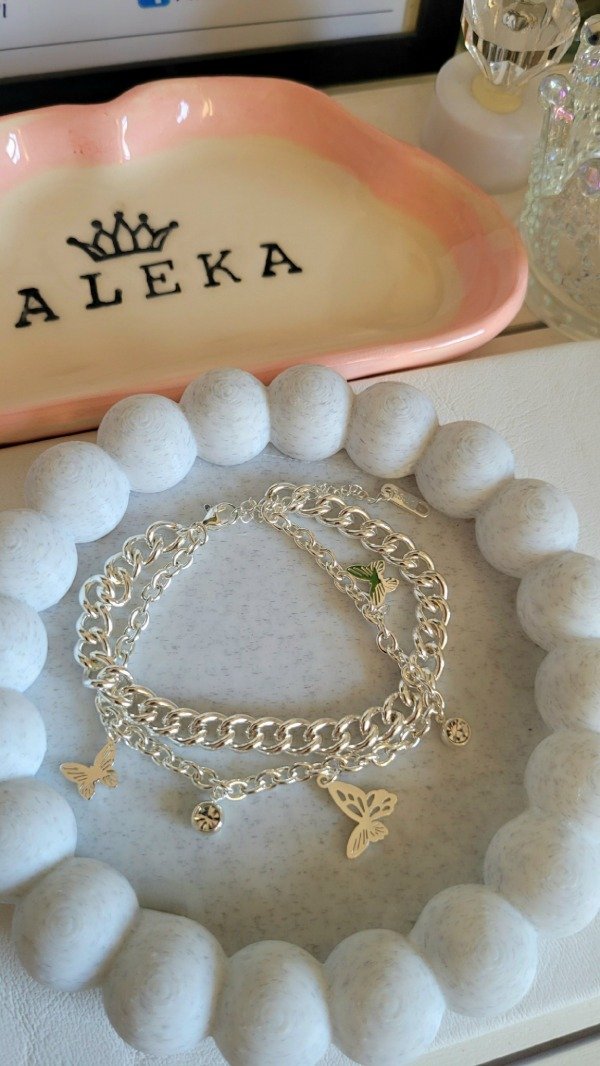 Producto - Pulsera doble cadena con dijes mariposa y strass de acero blanco - 2