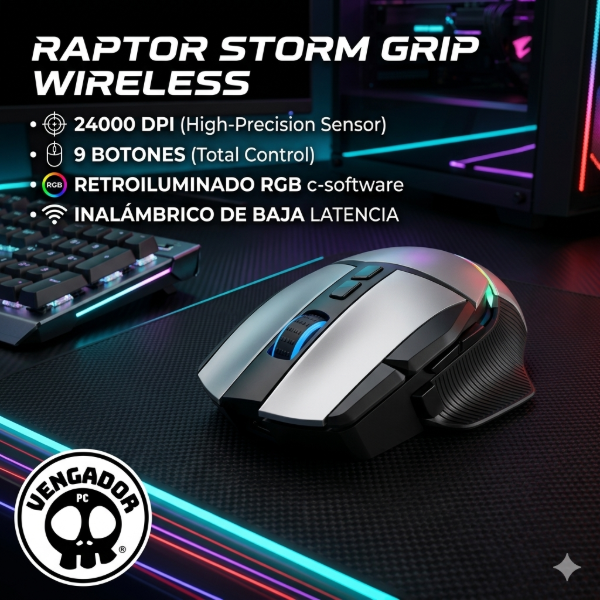 Producto - Mouse Gamer Raptor Storm Grip Wireless 9 botones 24000dpi retroiluminado