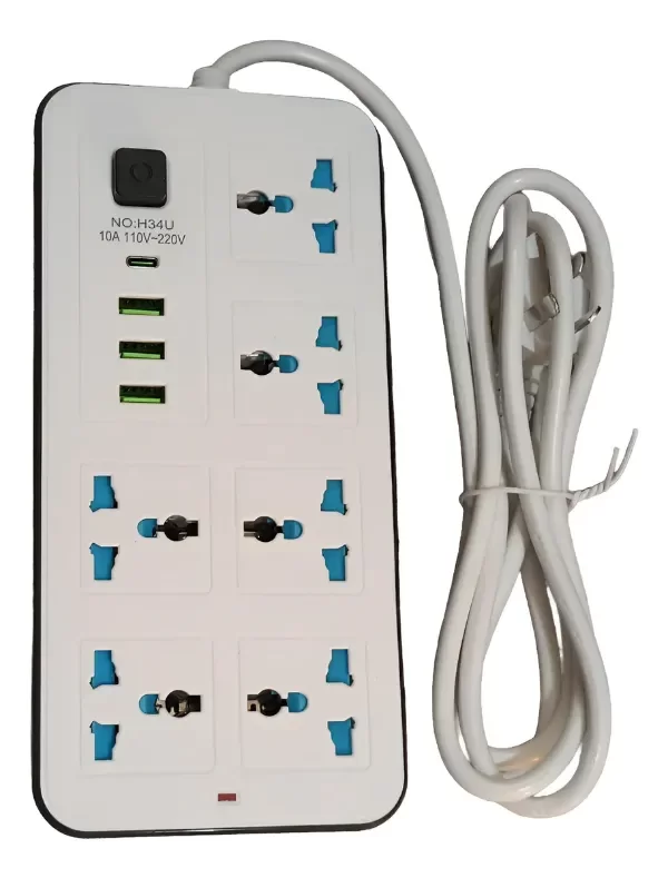 Producto - ZAPATILLA PROLONGADOR 6 TOMAS 2 M 3 USB 1 Tipo C BLANCO