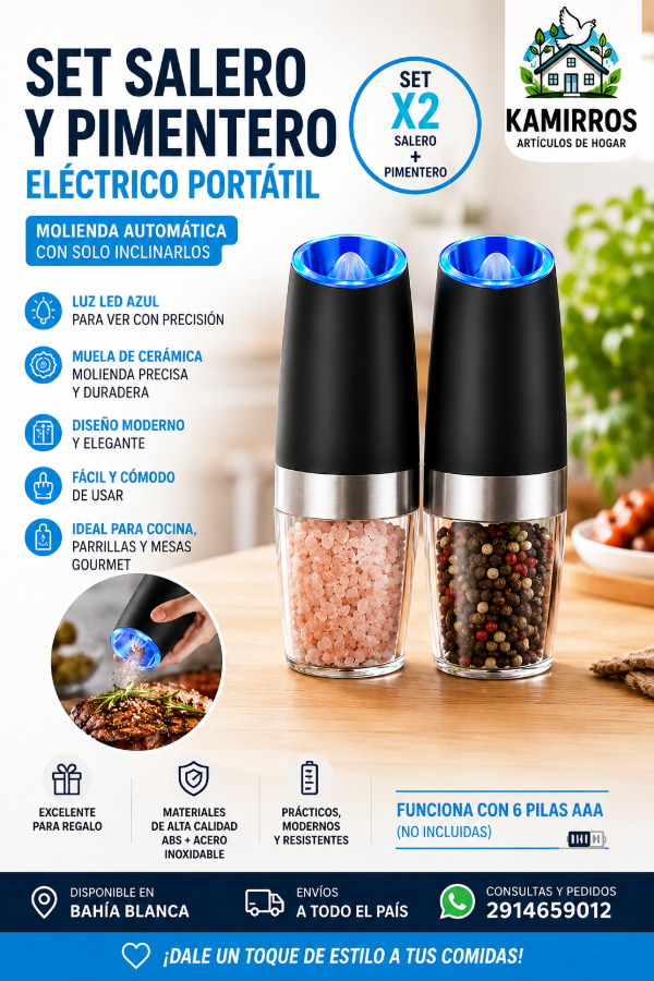 Producto - Set Salero y Pimentero Eléctrico Automático x2 con Luz LED y Muela Cerámica