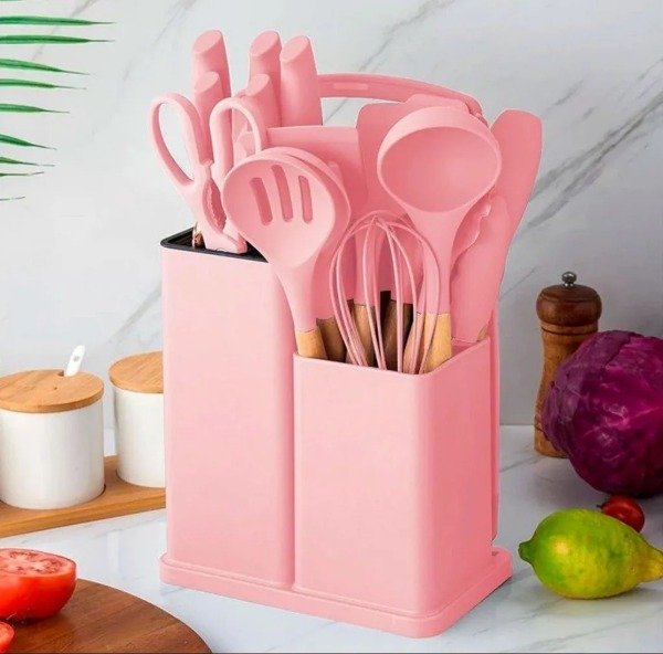 Producto - Set Utensilios De Silicona X 19 Piezas Mango Madera Rosa
