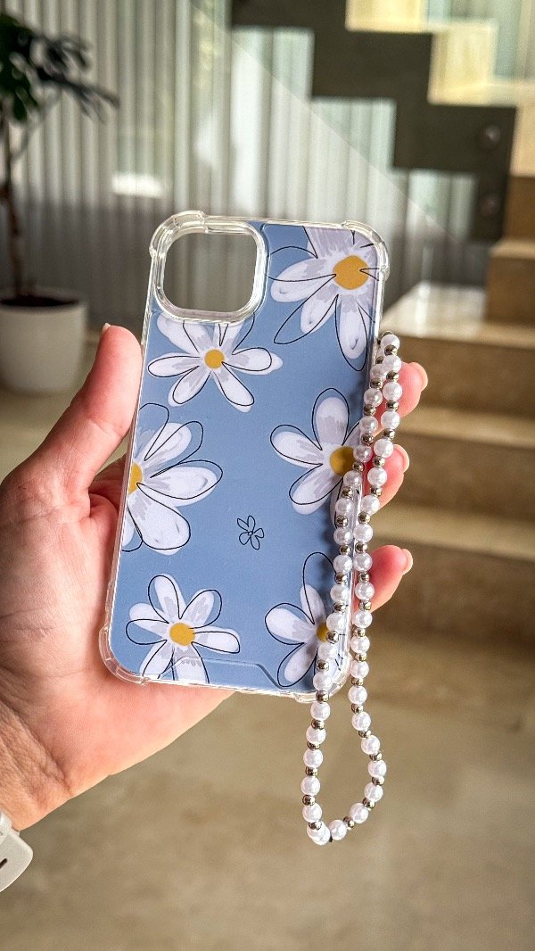 Producto - Case margaritas fondo celeste + colgante perlas