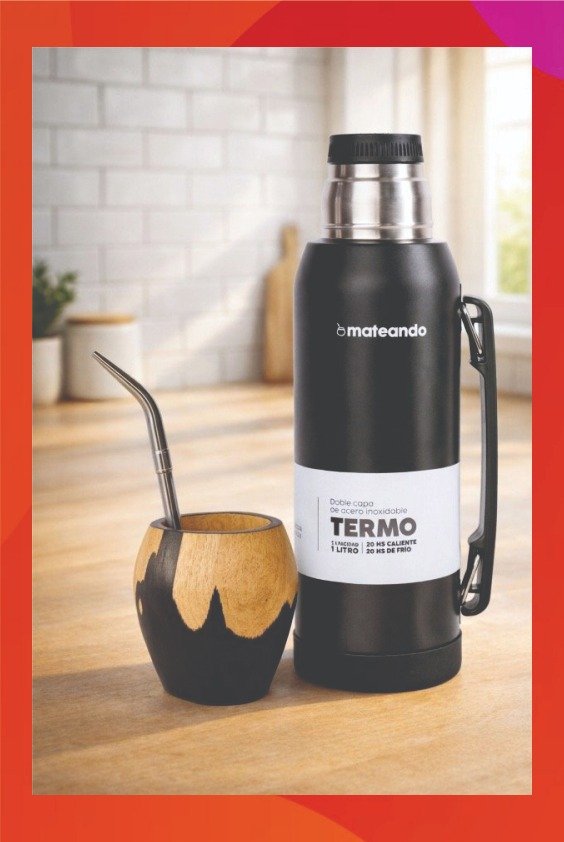 Producto - SET MATE VACA RANCHERO BLACK + TERMO MATEANDO  1 L. + BOMBILLA