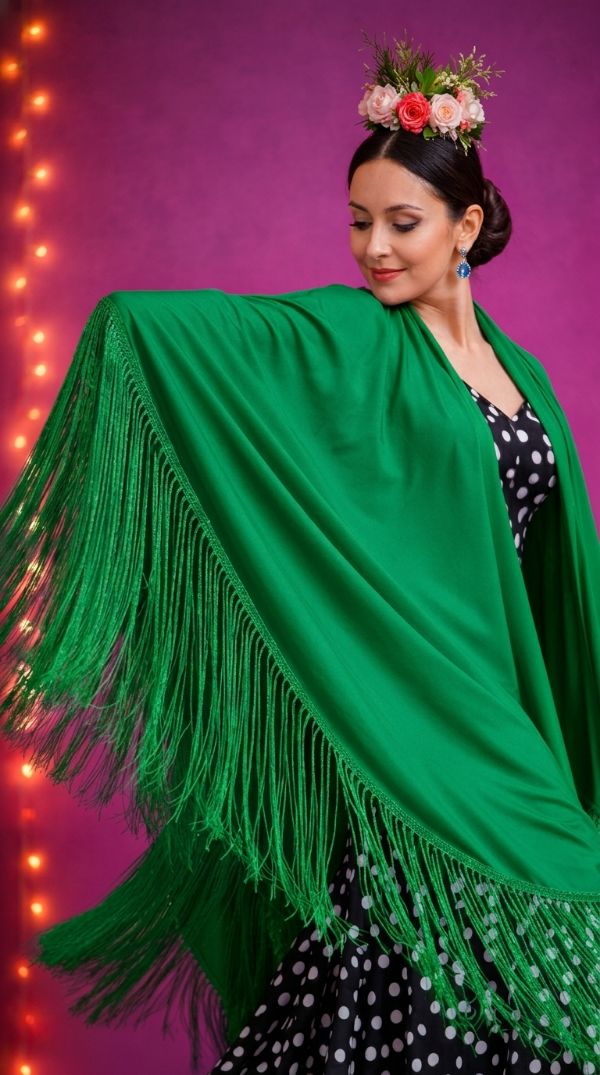 Producto - Mantón Cuadrado 150 cm x 150 cm Verde Con Flecos Artesanales PRE VENTA