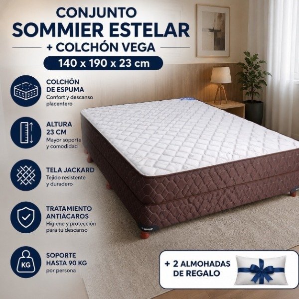 Producto - CONJUNTO SOMMIER ESTELAR + COLCHÓN VEGA 140 x 190 x 23 cm
