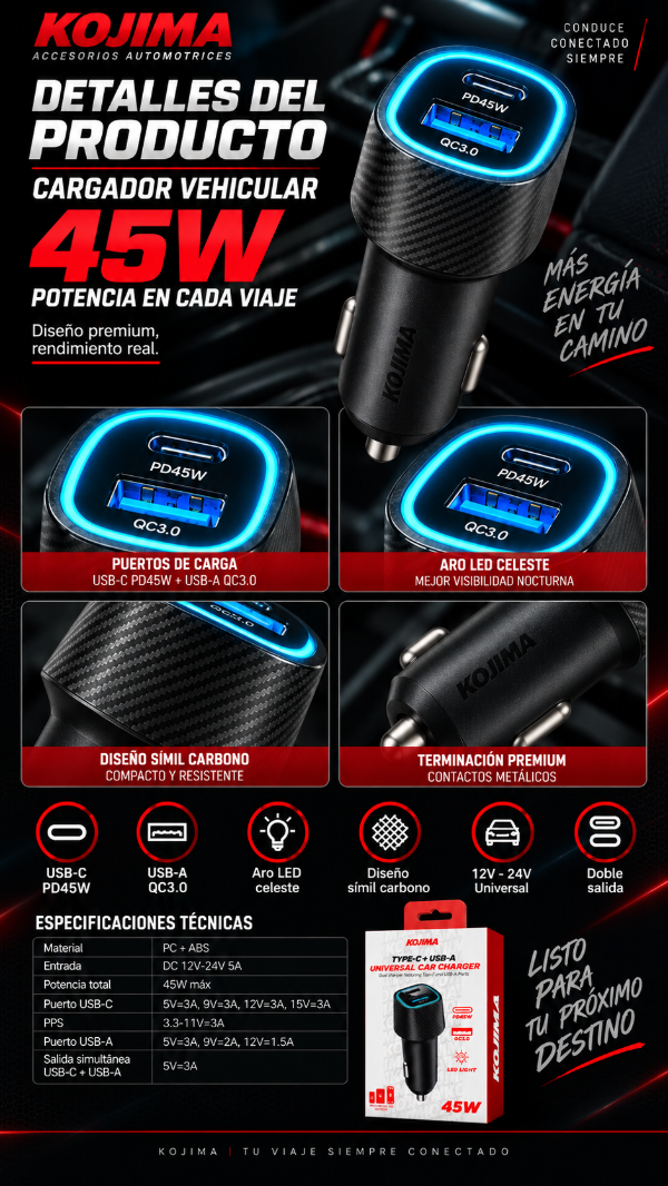 Producto - Cargador Universal Para Auto Kojima Tipo-C + USB-A 45W - 1