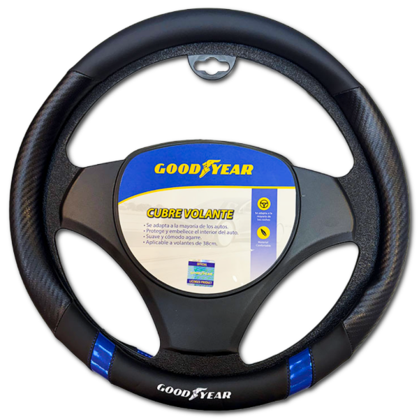 Producto - CUBRE VOLANTE GOODYEAR 38CM NEGRO CON CARBONO TIRAS AZUL GY-6341 - 0