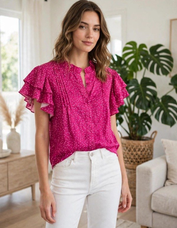 Producto - Camisa MC lunares Blancos fondo Fucsia importada 40br37 - 1
