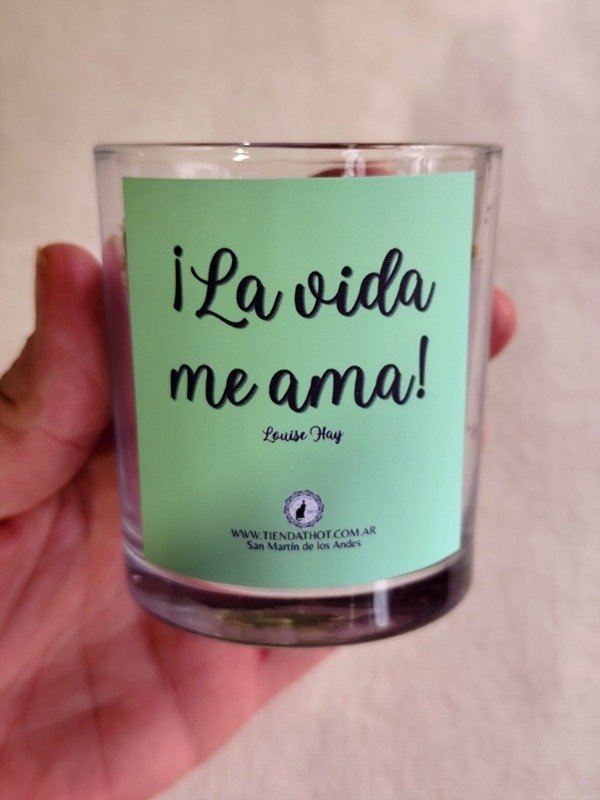 Producto - VELA "LA VIDA ME AMA!" - Con cuarzo cristal y ojo de tigre. 250ml - 2