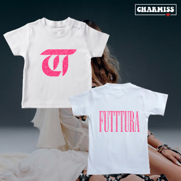 Producto - Baby tee- Logo T y Futttura GLITTER BRILLO ROSA (estampa adelante y atras) - 1