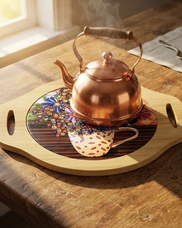 Producto - Posa Pava Fuente con asas Madera- Dibujo en PVC Redonda - 2