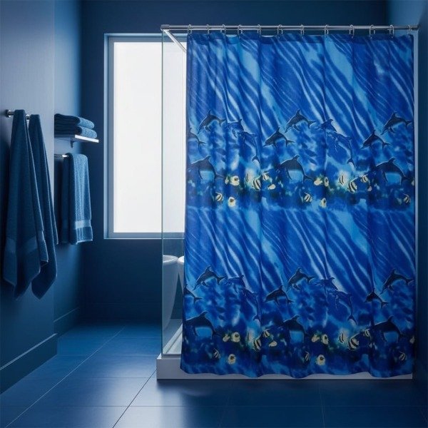 Producto - CORTINA PARA BAÑO DE RASO TEFLONADA ESTAMPA "PECES Y DELFINES"