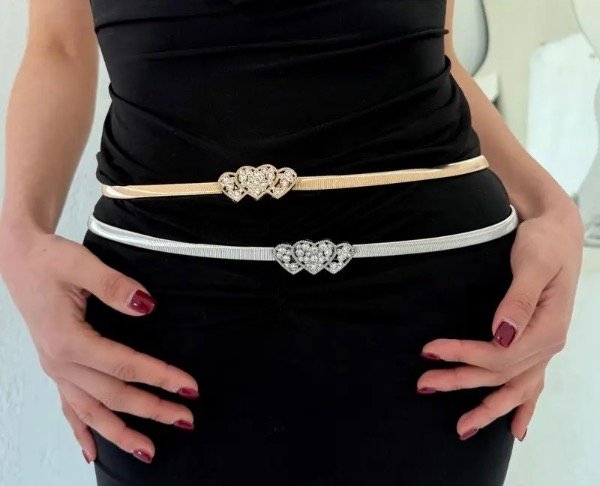 Producto - Cinto elástico hebilla triple corazón con strass disponible en plateado
