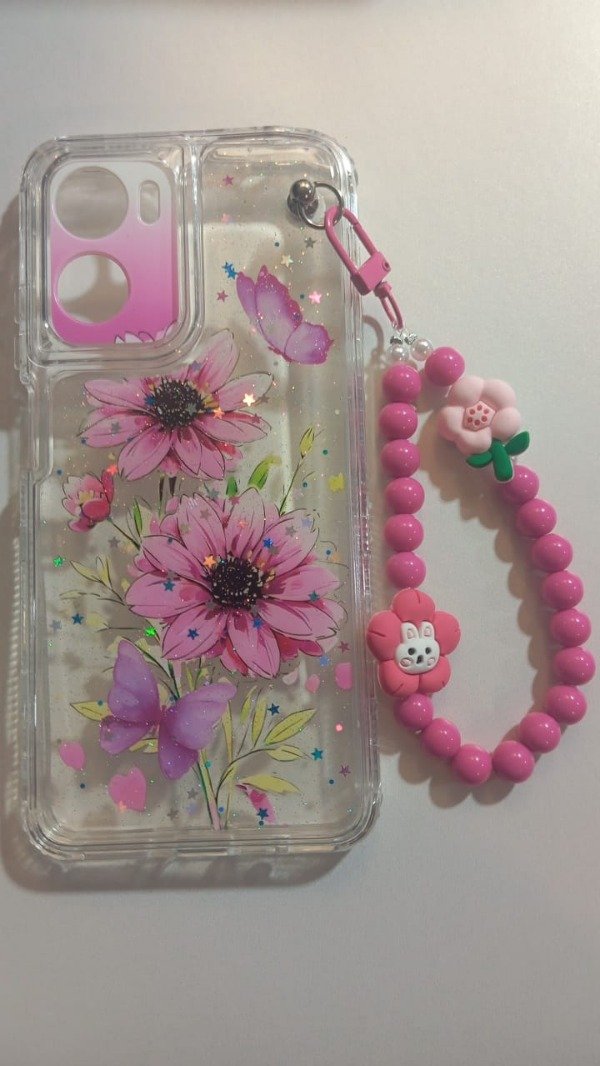 Producto - Funda Transparente Diseño Con Glitter y Cadena Flores para Moto G05 - E15
