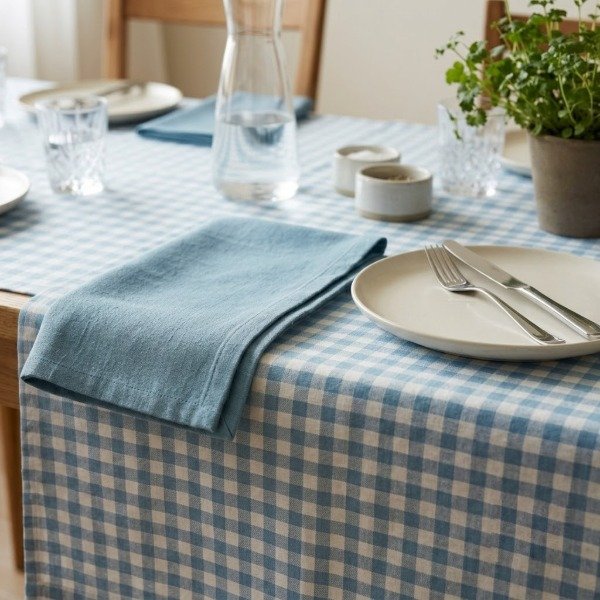 Producto - Mantel Cuadrillé Celeste Y Blanco + 6 Servilletas Tusor Azul Aero