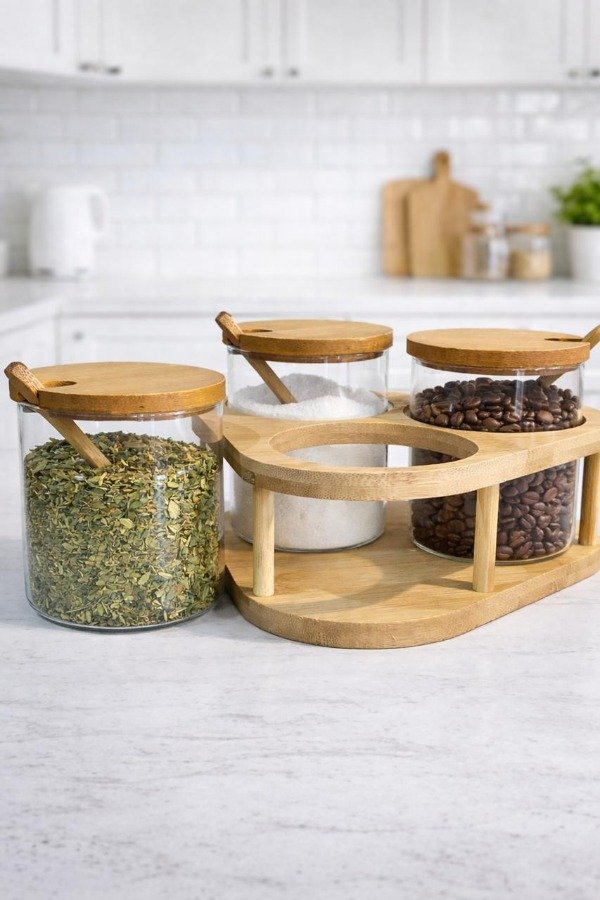 Producto - SETX3 FRASCOS VIDRIO 9CM C/CUCHARA + BANDEJA MADERA