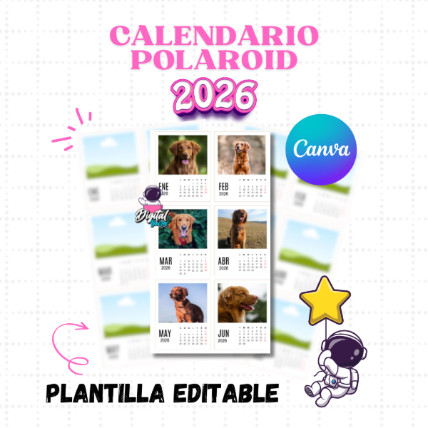 Producto - Plantilla Editable en Canva Calendario Polaroid 2026. DigitalBaires