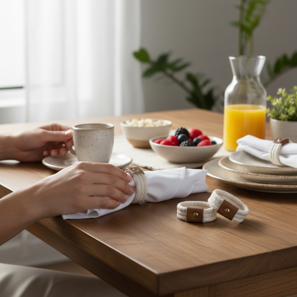 Producto - SET X 4 PORTA SERVILLETA CORDON ALGODON PREMIUM Y DETALLE EN CUERO