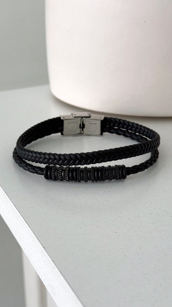 Producto - Pulsera cuero negra doble don negras unisex ACERO Q 8
