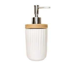 Producto - DISPENSER DE JABON BLANCO TAPA BAMBOO