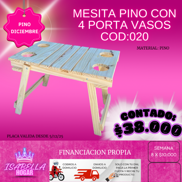 Producto - MESITA PINO CON 4 PORTA VASOS COD:020