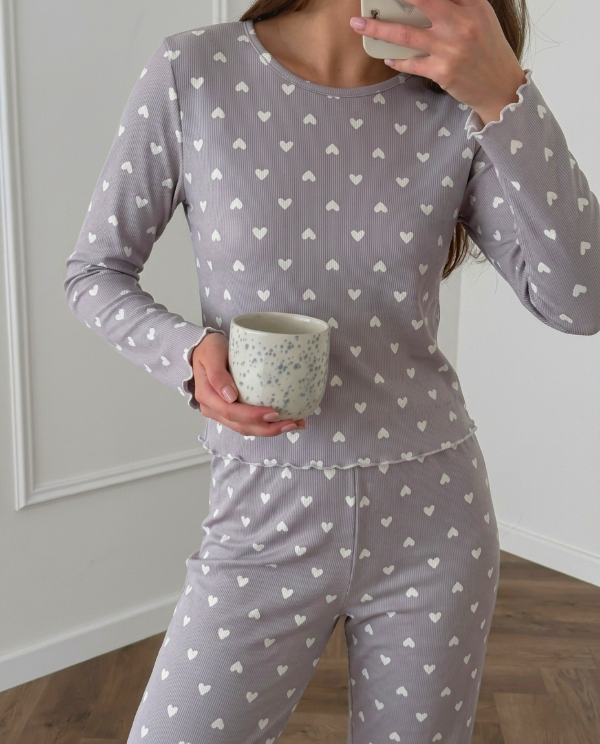 Producto - Pijama morley largo - Gris con corazones