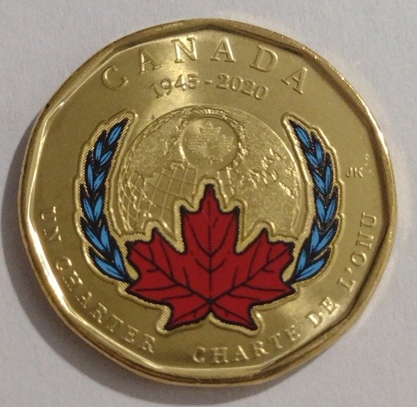 Producto - Canadá 1 dólar 2020. 75 años de la ONU (color)