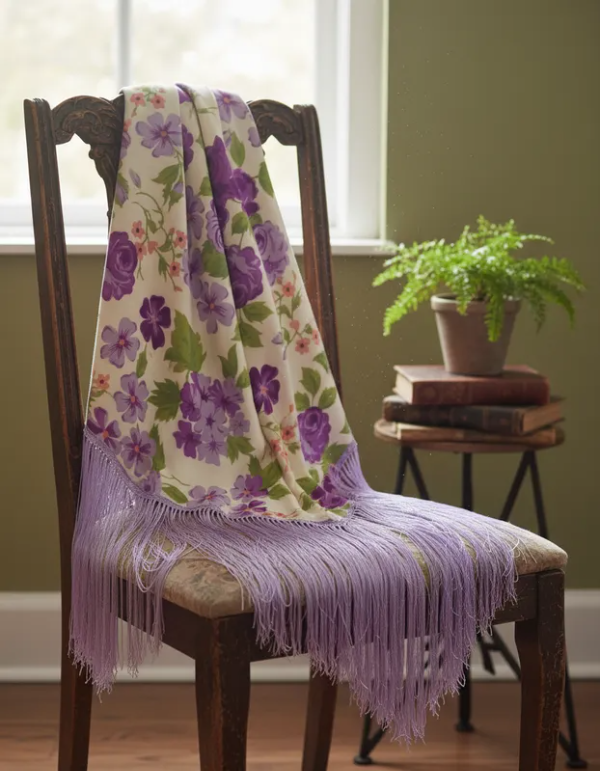 Producto - Mantoncillo Triangular Floreado con Flecos De Satén Lila