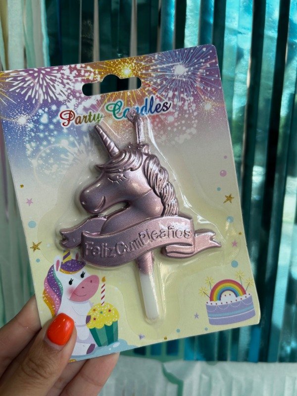 Producto - VELA FELIZ CUMPLEAÑOS FORMA UNICORNIO ROSA GOLD