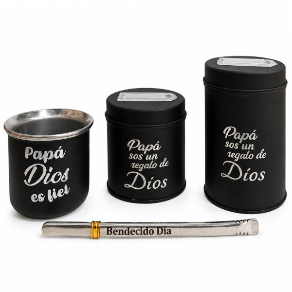 Producto - KIT PAPÁ 8: MATE DE ACERO + SET DE LATAS + BOMBILLA DE ACERO (X1 SET)