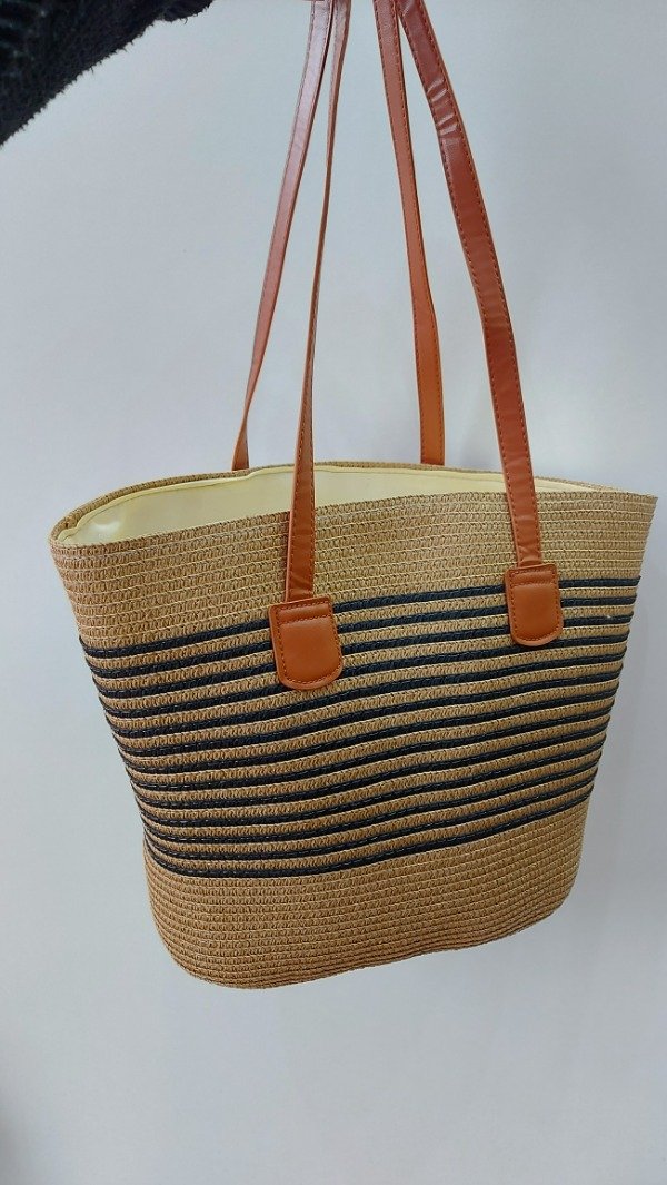 Producto - Bolso Playero (camel + negro línea fina)