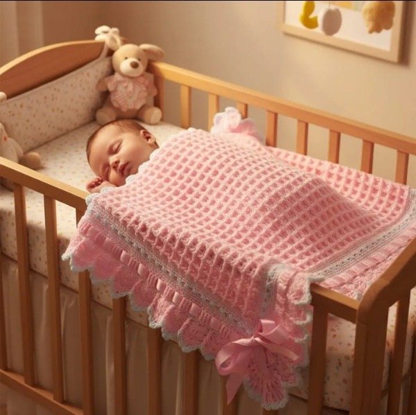 Producto - Mantilla waffle rosa tejida cashmilon hipoalergénico