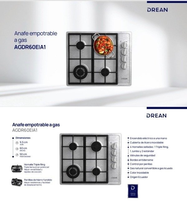 Producto - ANAFE EMPOTRABLE DREAN GAS INOX 4 HORNALLAS AGDR60EIA1
