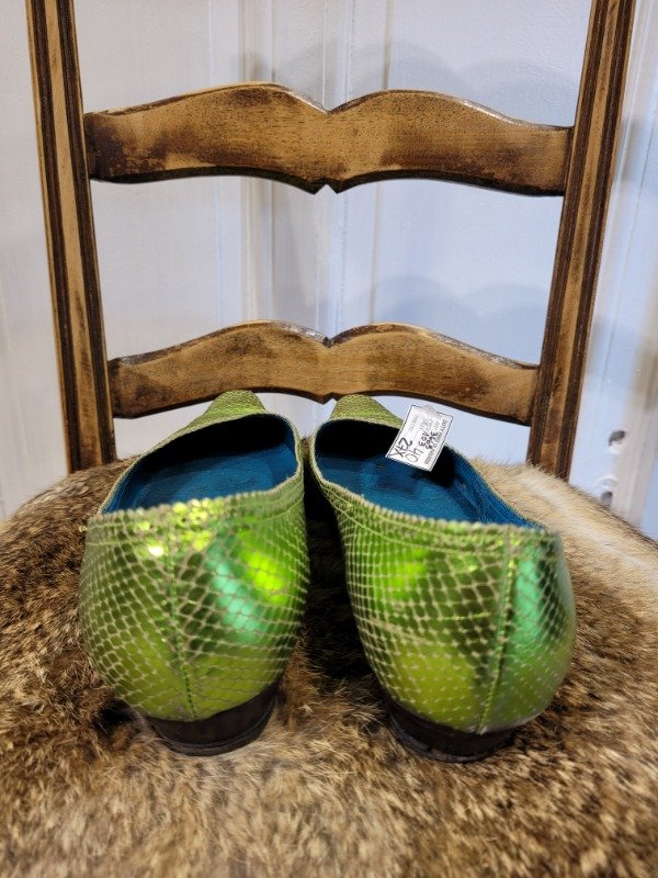 Producto - Chatitas PARUOLO verde metálico punta stiletto Talle 40- PRECIO: 27X - 2