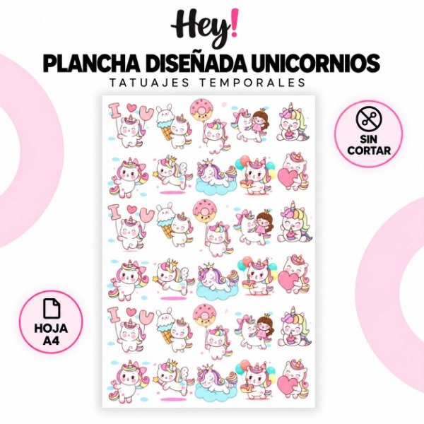 Producto - PLANCHA A4 PREDISEÑADA UNICORNIOS -TATUAJES TEMPORALES - 0