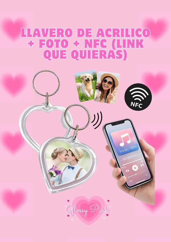 Producto - Llavero de acrílico corazón + foto + NFC con el link que quieras