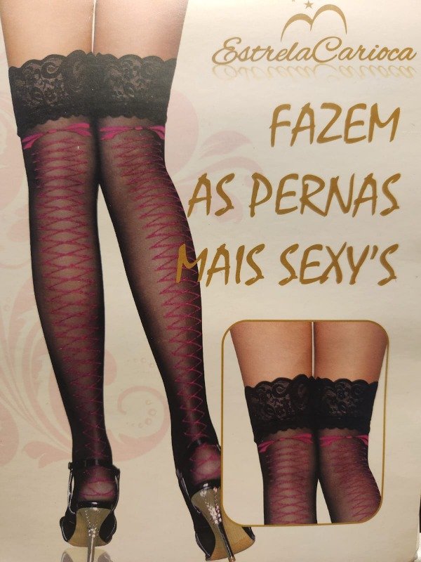 Producto - Medias negras con detalle cinta rosa