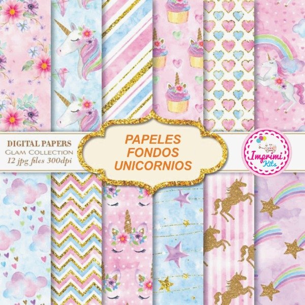 Producto - Kit Fondos Unicornio Papeles Digitales Imagenes Imprimibles #699