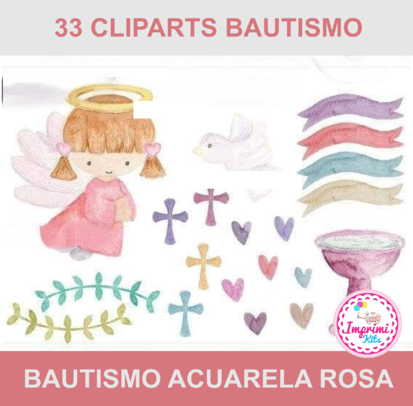 Producto - Kit Cliparts Bautismo Acuarela Rosa Angelitos Imagenes Imprimibles #707