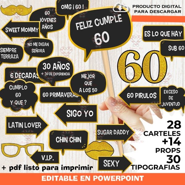 Producto - Kit Imprimible 60 años Photo Props Cartelitos Editable y Pdf