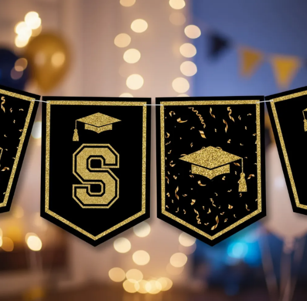 Producto - Banderín Imprimible Egresados 2025 Negro y Dorado Editable + PDF