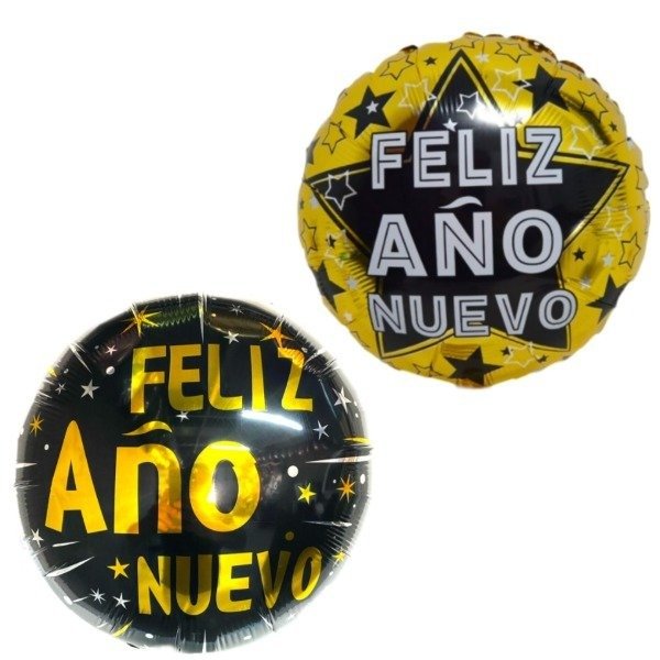 Producto - Globo 45cm "Feliz Año Nuevo" estrellas negras y doradas