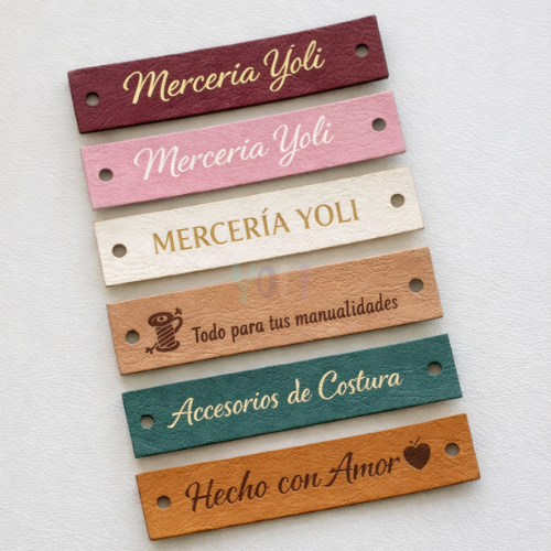 Producto - Etiquetas Ecocuero 5x1.5 cm Personalizadas Láser Pack 100 Unidades