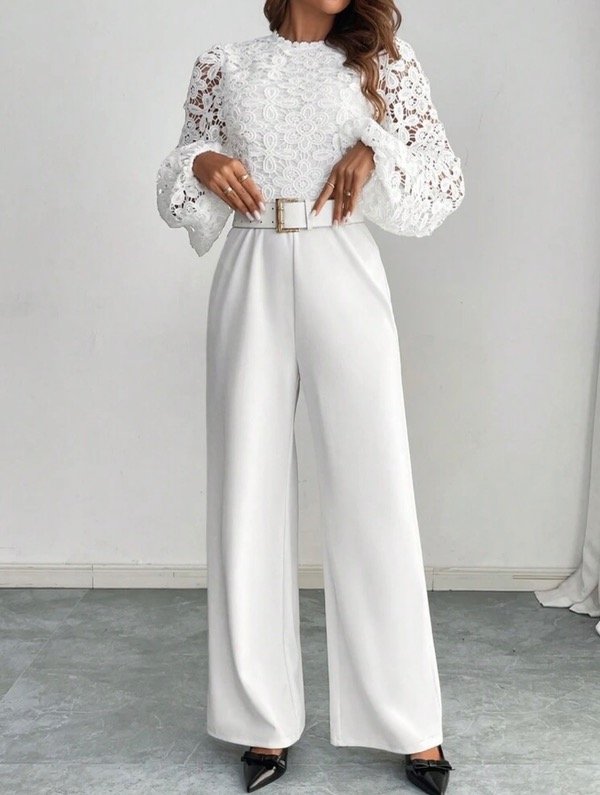 Producto - Mono importado elegante blanco con mangas princesa de encaje talle L