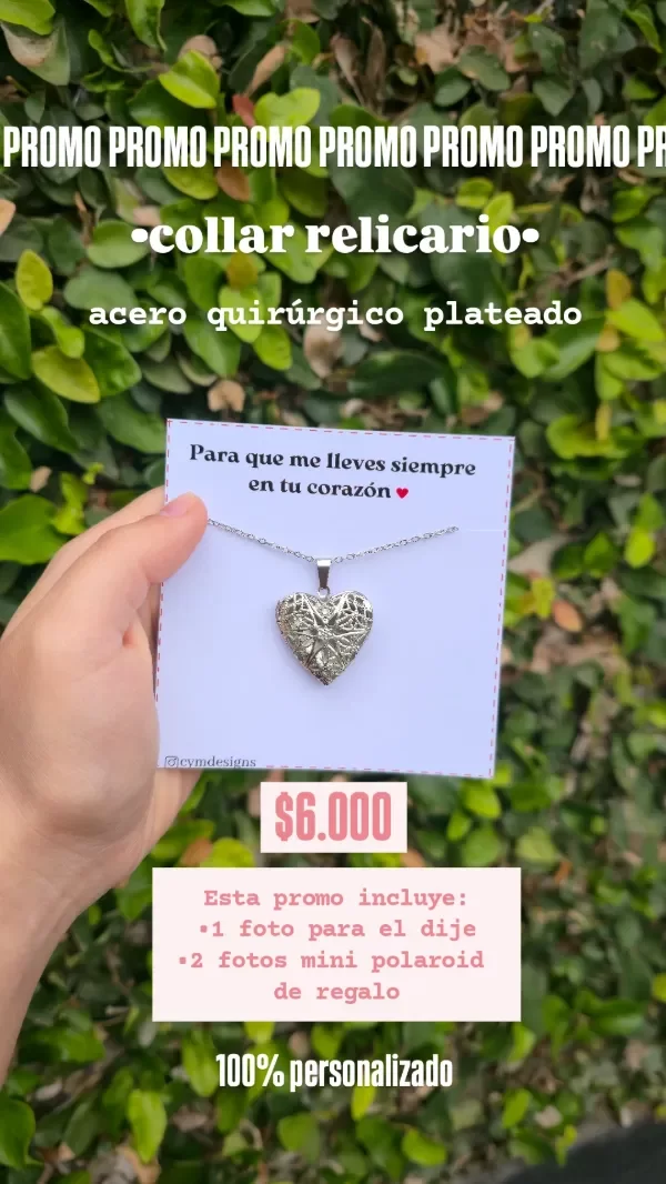Producto - PROMO Collar relicario corazon calado 1 foto + 2 mini polaroid