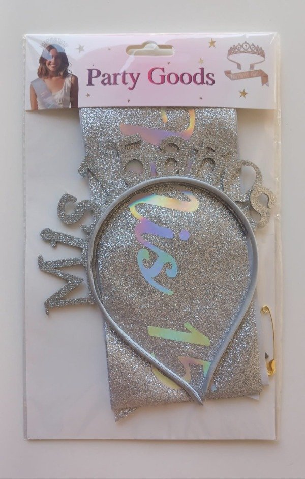 Producto - Vincha y Banda "MIS 15 AÑOS" 60cm Plata
