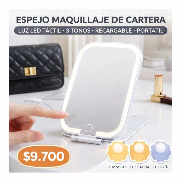 Producto - ESPEJO MAQUILLAJE DE CARTERA LUZ LED TACTIL 3 TONOS RECARGABLE PORTATIL
